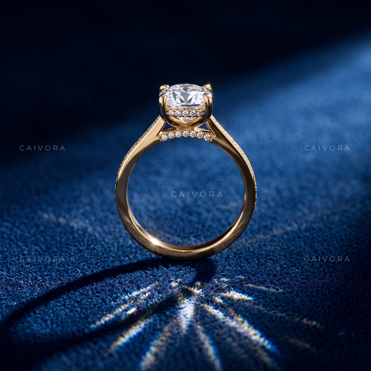 Cushion Cut Diamond Architectural Engagement Ring with Round Accents
