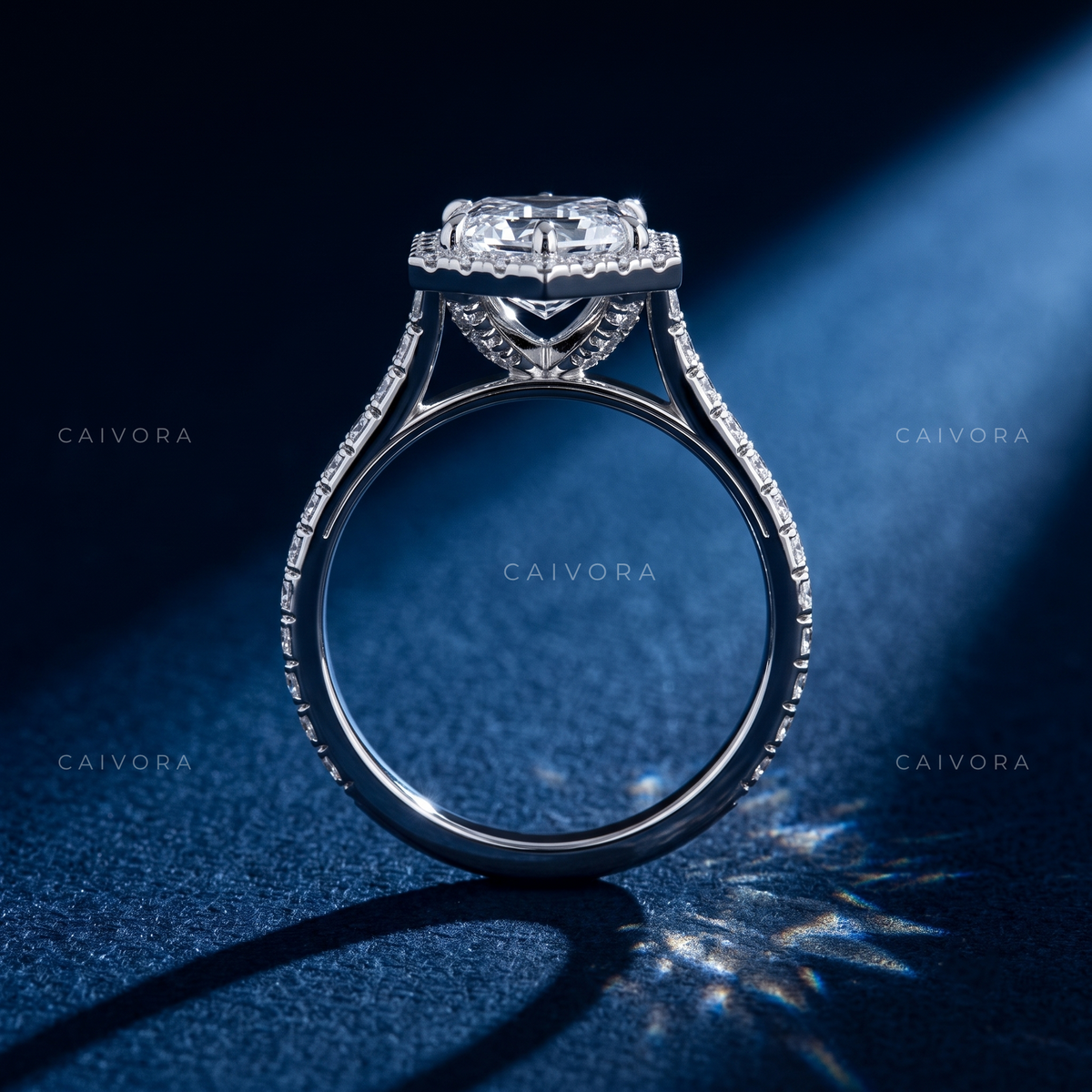 Modern Hexagon Diamond Halo Engagement Ring with Pavé Accents