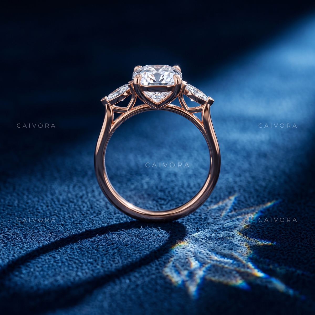 Classic Three Stone Engagement Ring with Round Center & Kite Accents