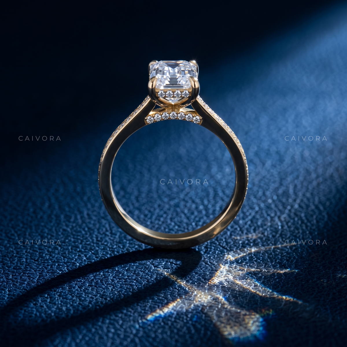 Emerald Cut Architectural Engagement Ring with Round Diamond Accents