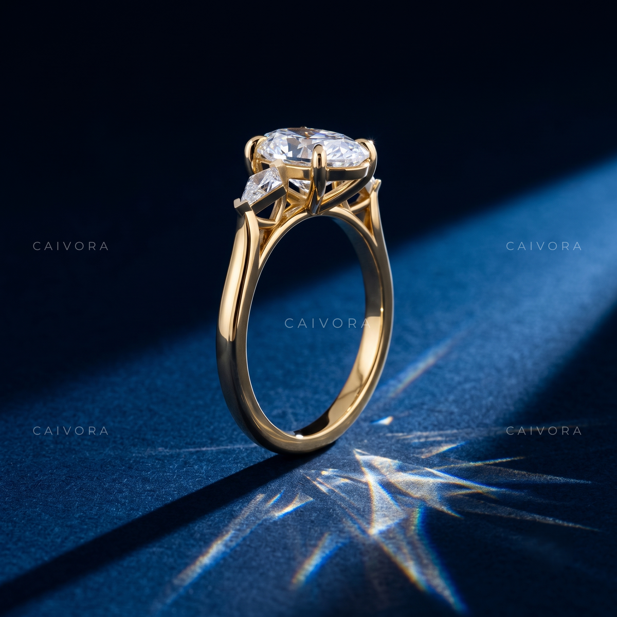 Classic Three Stone Engagement Ring with Oval Diamond & Kite Accents