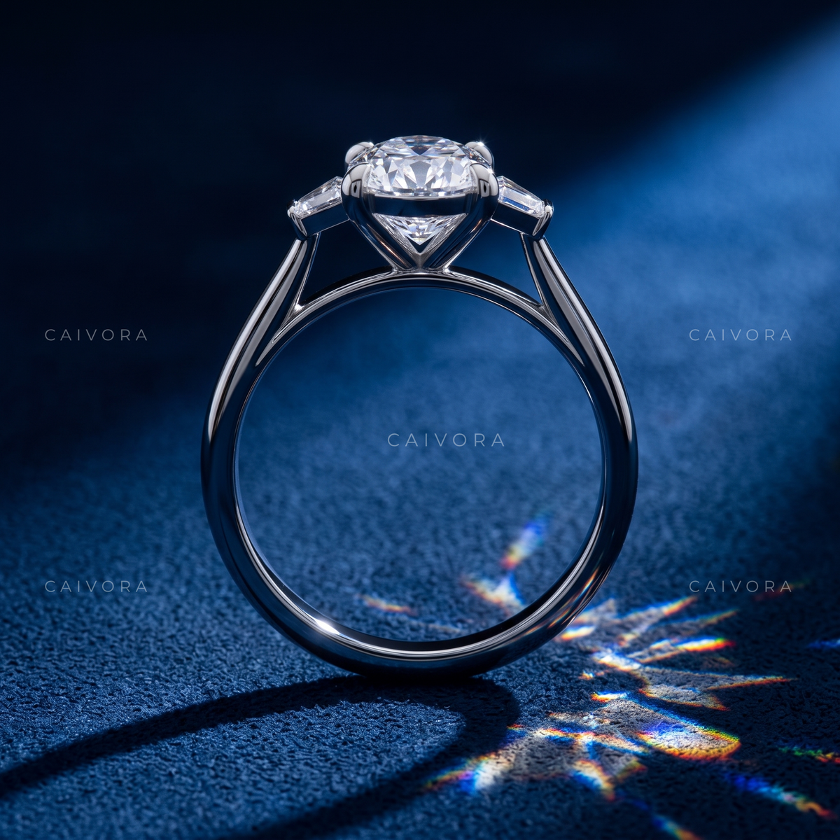 Elegant Three Stone Engagement Ring with Moval Diamond & Trapezoid Accents