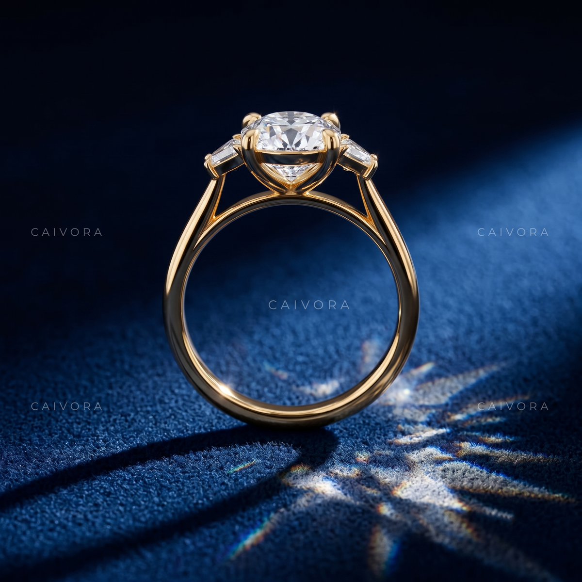Classic Three Stone Engagement Ring with Round Diamond & Trapezoid Accents