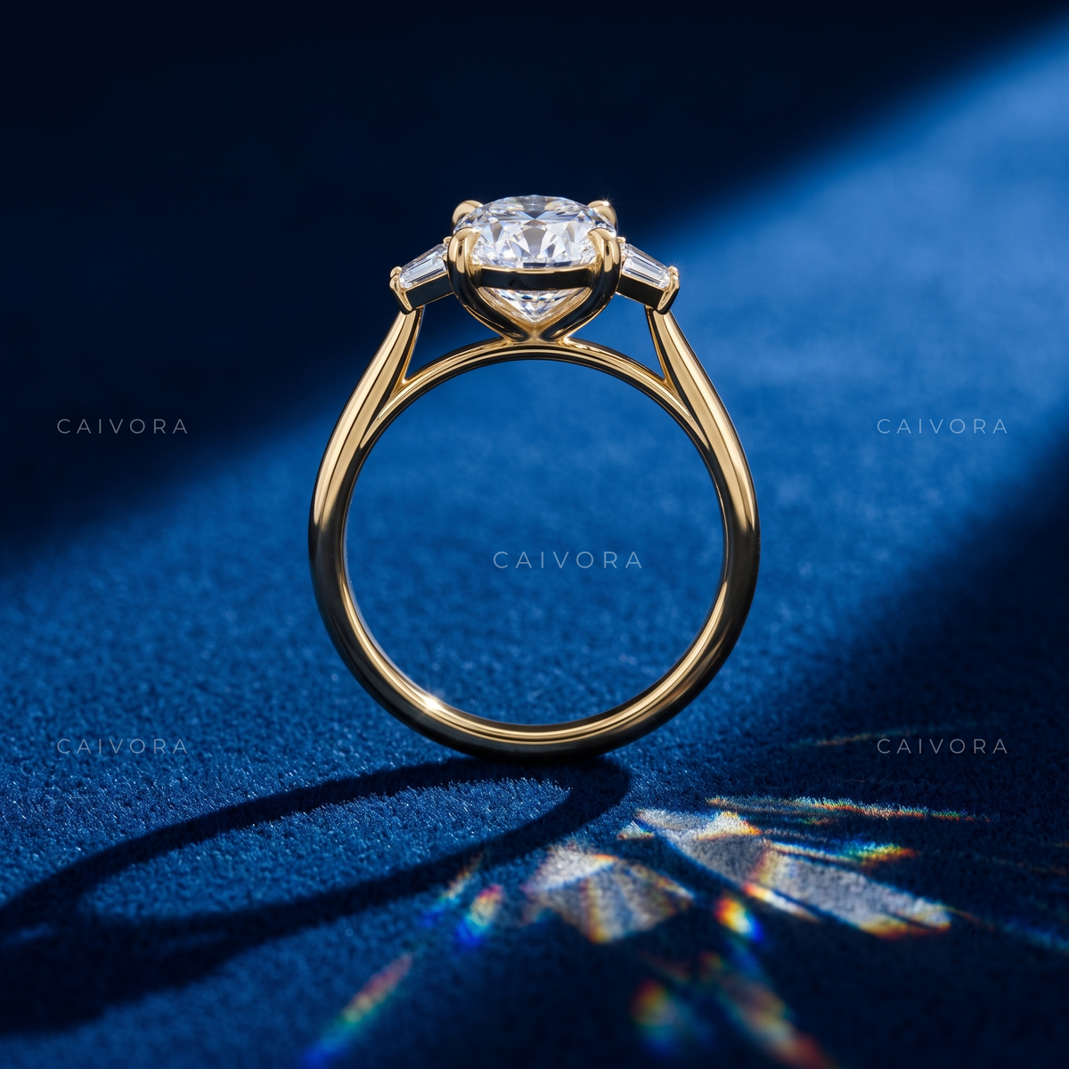 Oval Diamond Three Stone Engagement Ring with Trapezoid Accents