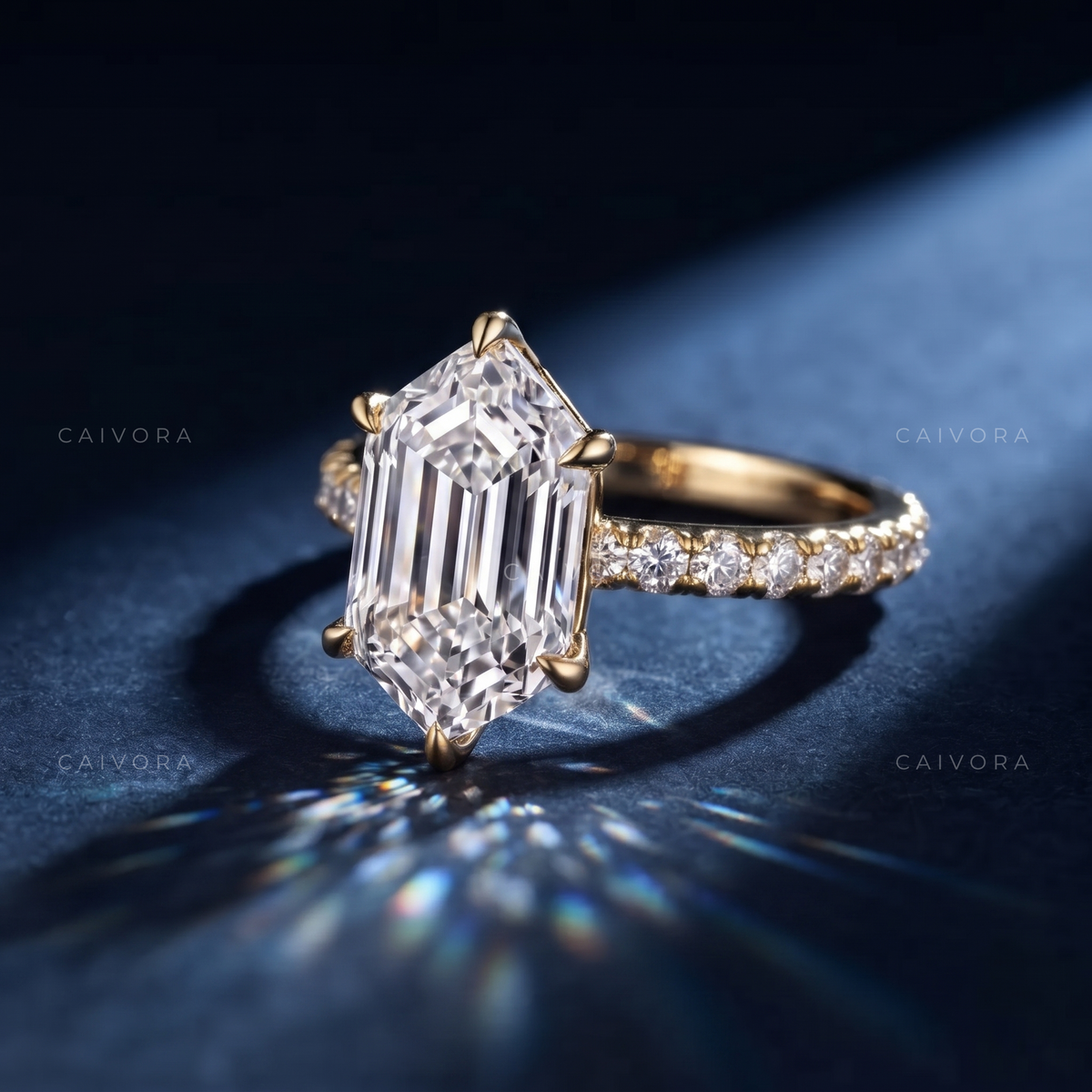 Hexagon Cut Diamond Ring with Modern Pave Setting