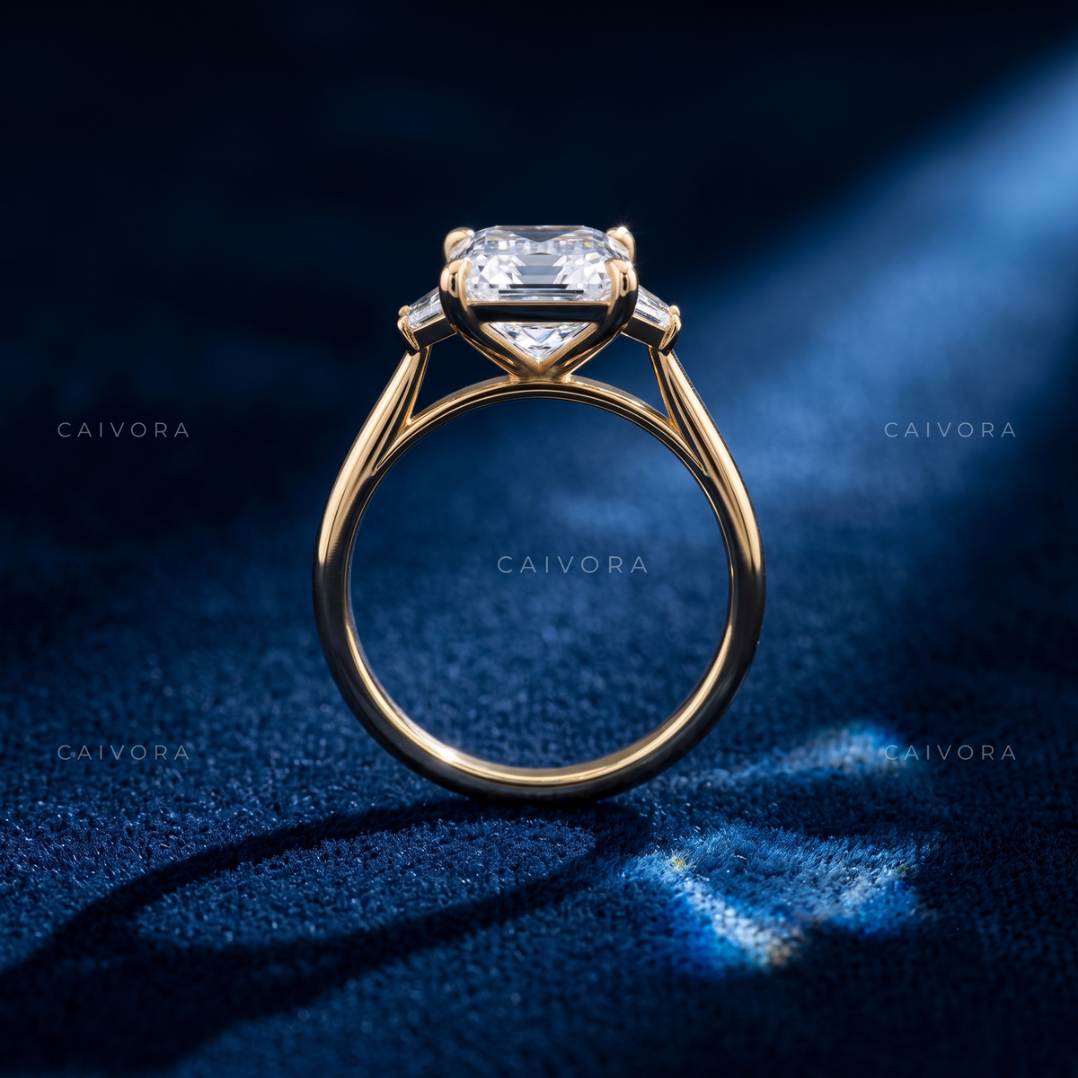 Modern Three Stone Engagement Ring with Princess Diamond & Trapezoid Accents