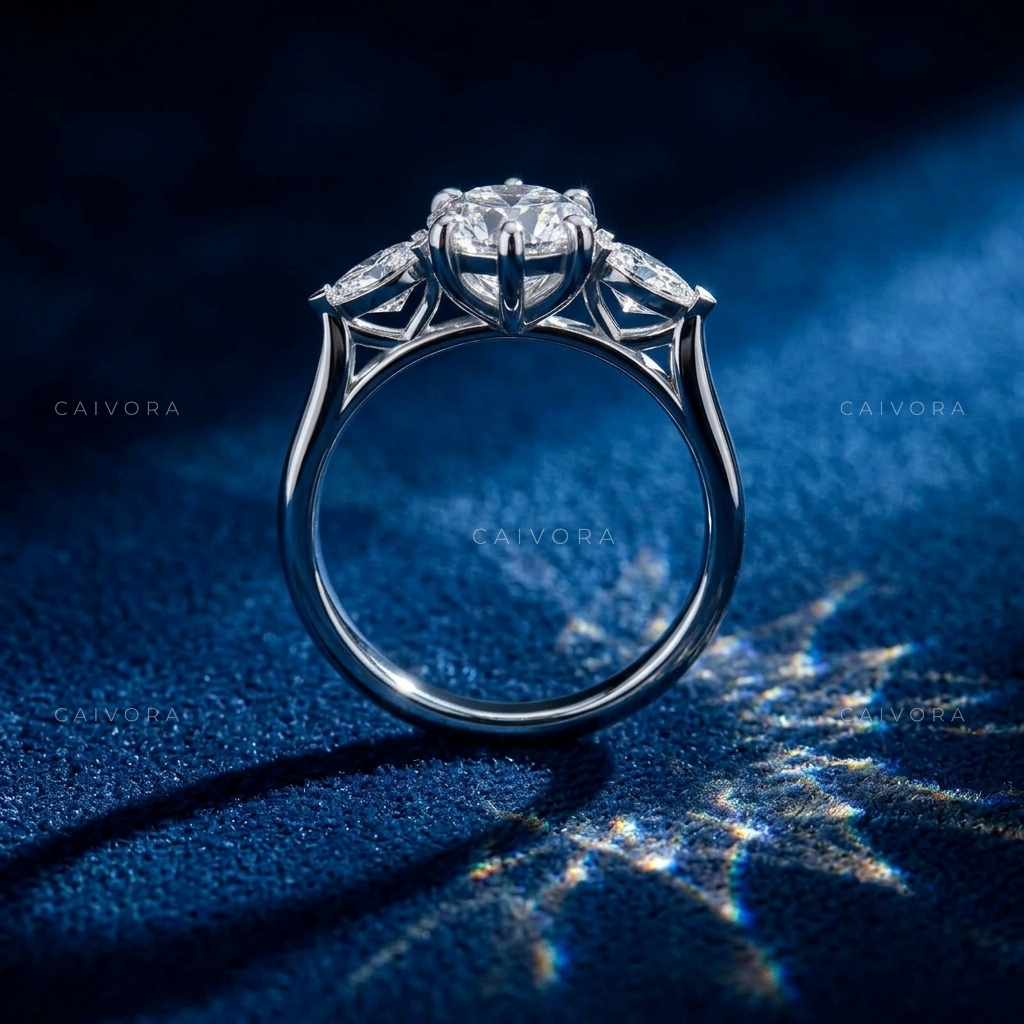 Elegant Three Stone Engagement Ring with Pear Diamond & Kite Accents