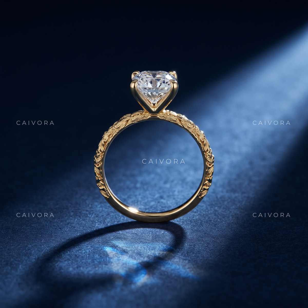 Cushion Cut Floral Motif Solitaire Engagement Ring