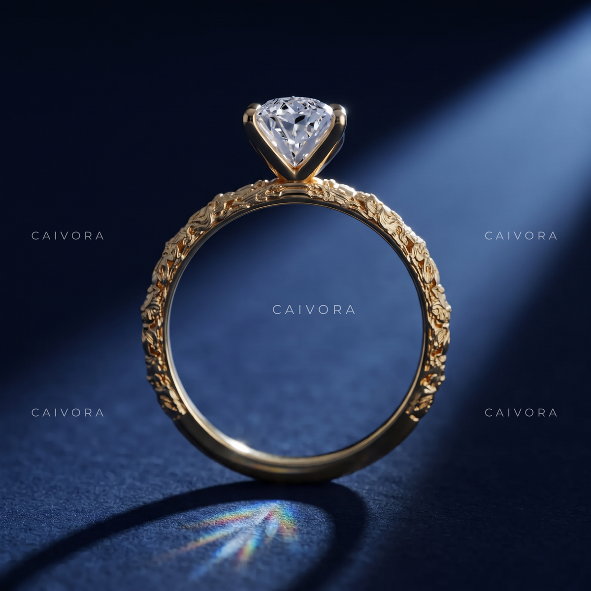 Moval Cut Artisanal Floral Solitaire Engagement Ring