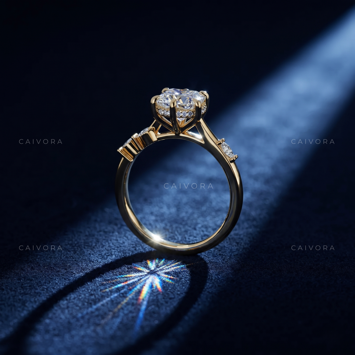 Modern Hidden Halo Engagement Ring Featuring a Hexagon Cut Diamond