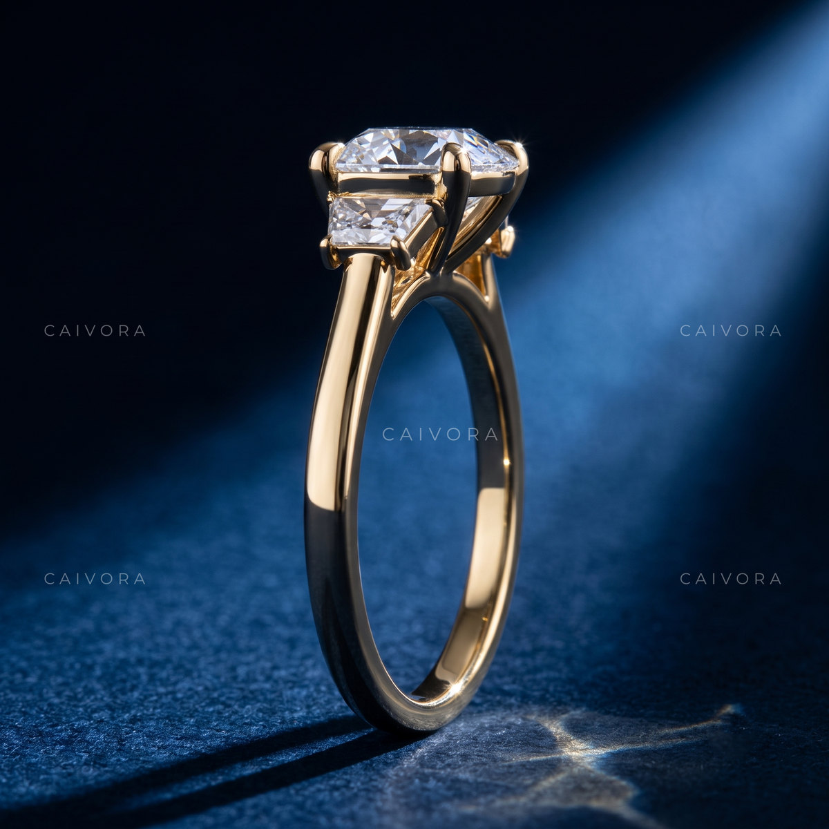 Signature Three Stone Diamond Ring with Round Center & Trapezoid Accents