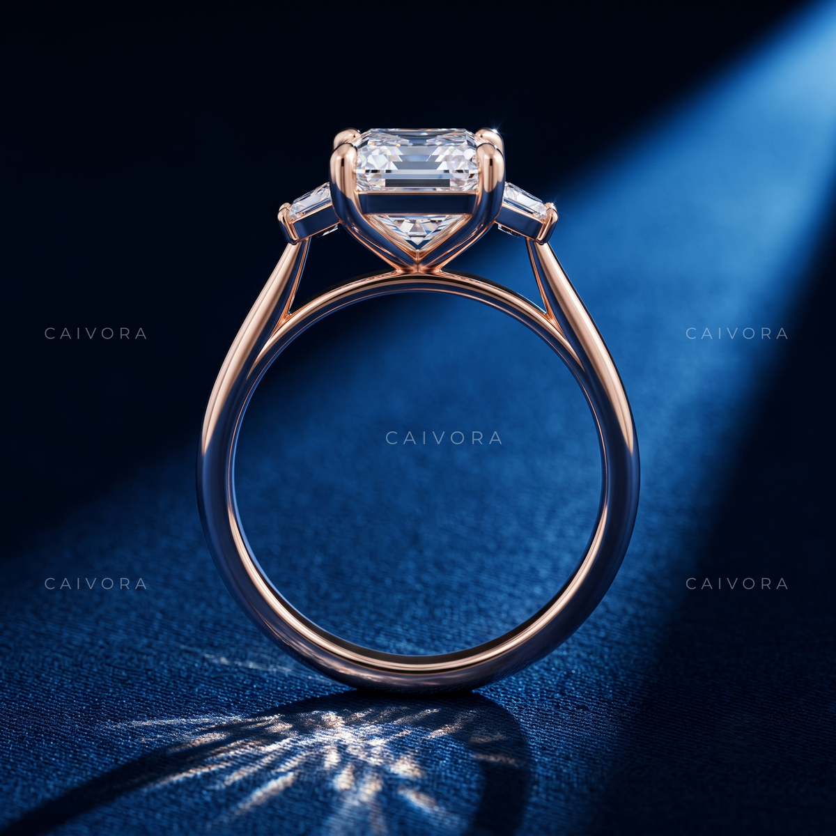 Vintage Inspired Three Stone Engagement Ring with Asscher Diamond & Trapezoid Accents