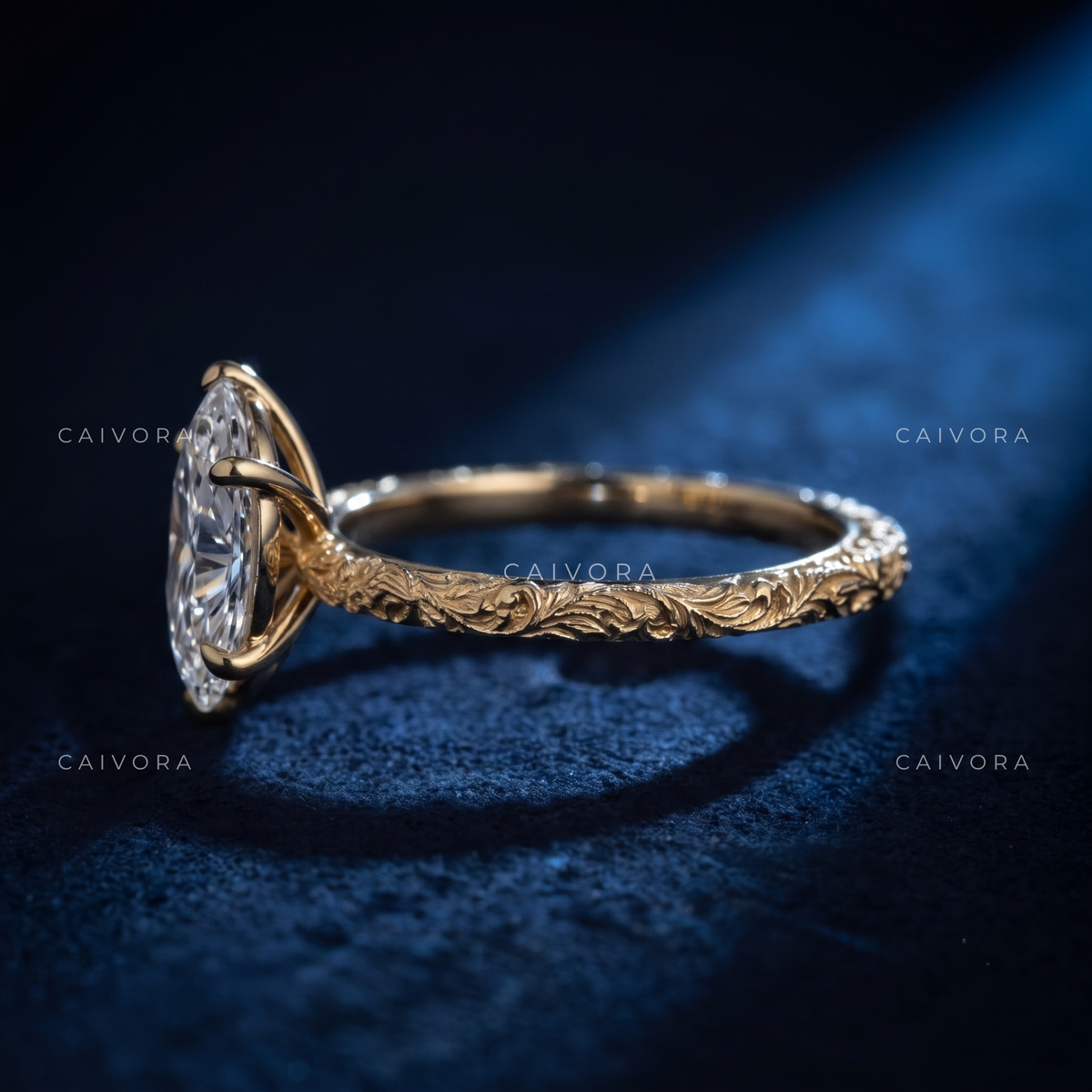 Marquise Cut Floral Engraved Solitaire Engagement Ring
