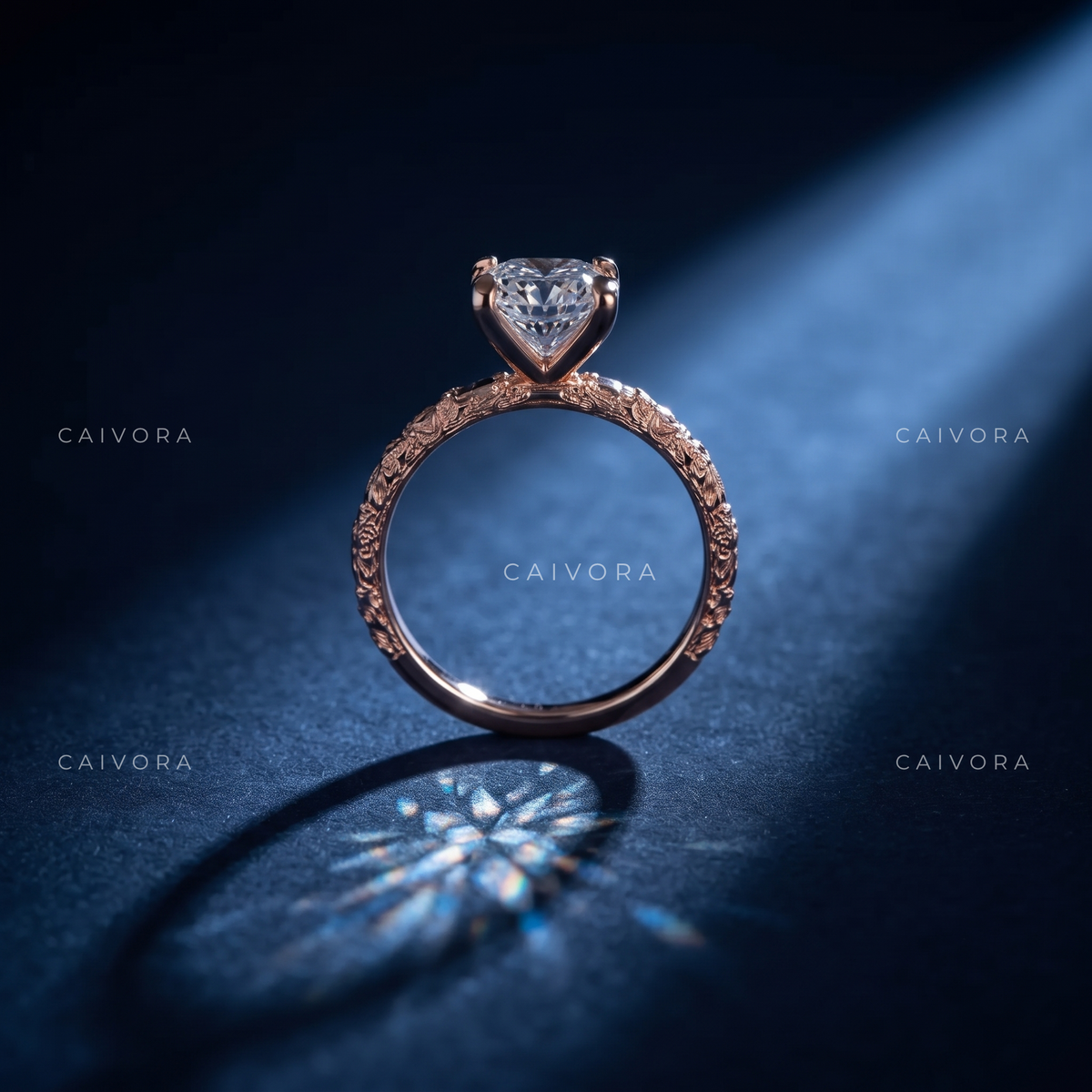 Radiant Cut Engraved Floral Solitaire Engagement Ring