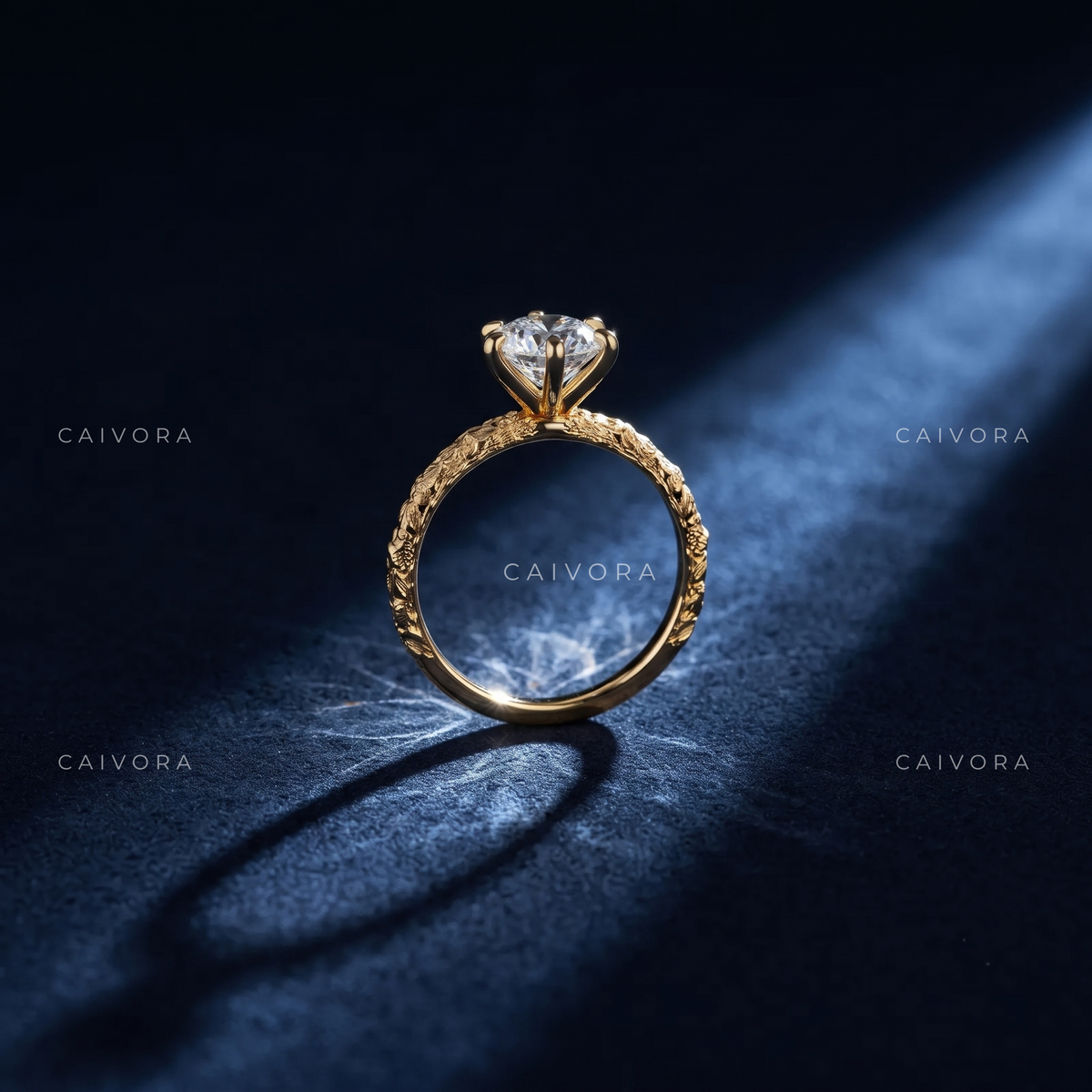Hexagon Cut Floral Engraved Solitaire Engagement Ring