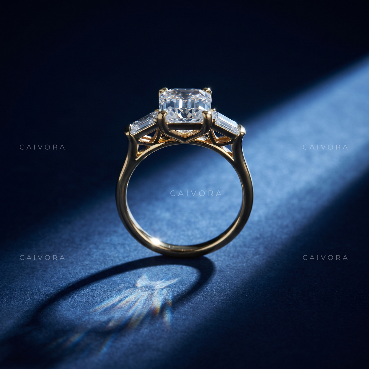 Modern Three Stone Engagement Ring with Asscher Diamond & Kite Accents