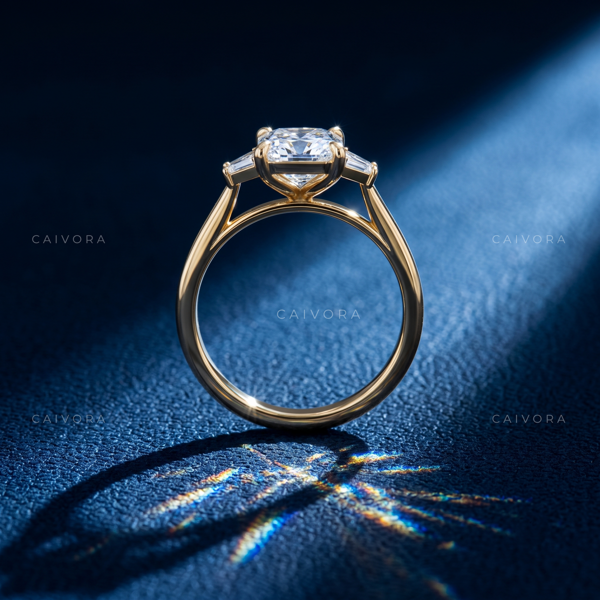 Refined Three Stone Engagement Ring with Radiant Diamond & Trapezoid Accents