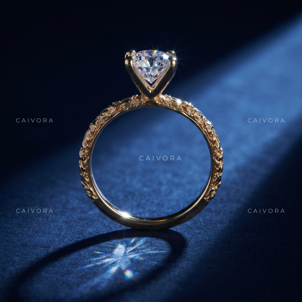 Oval Cut Hand Engraved Floral Solitaire Engagement Ring