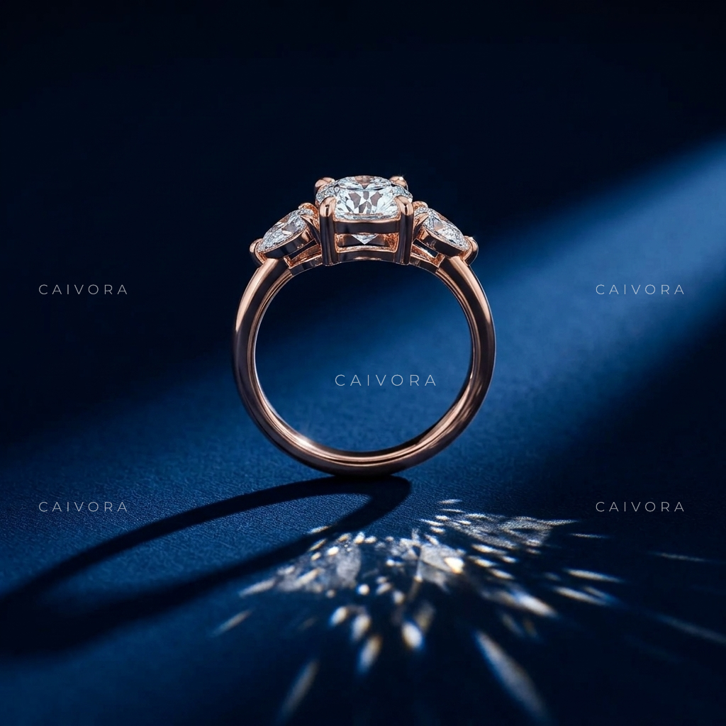 Romantic Three Stone Design Framed by a Cushion Cut Center