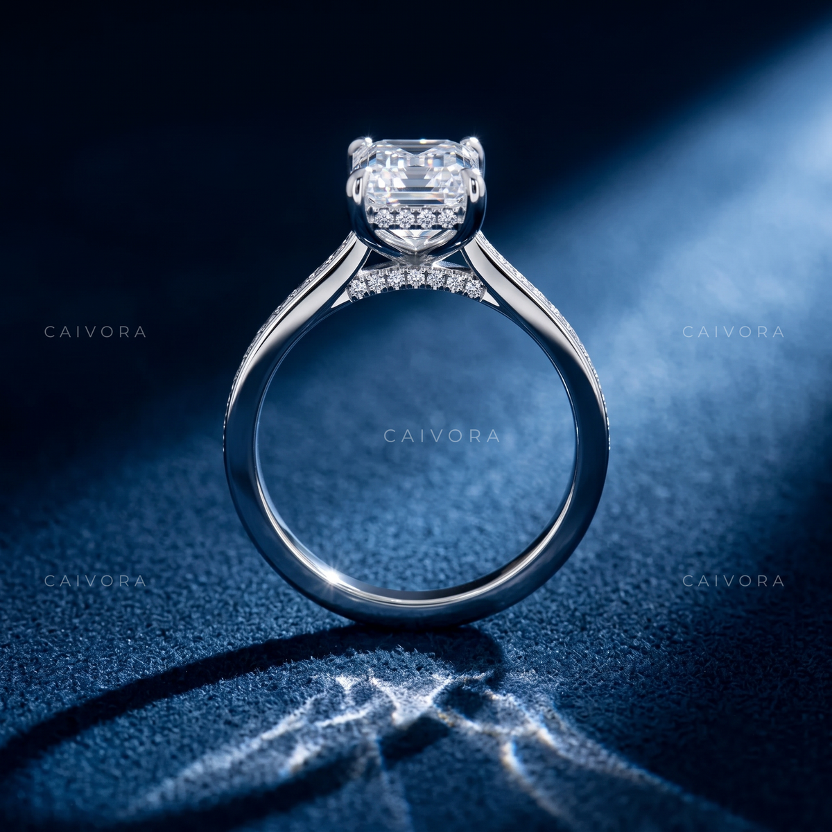 Radiant Cut Diamond Architectural Engagement Ring with Round Accents