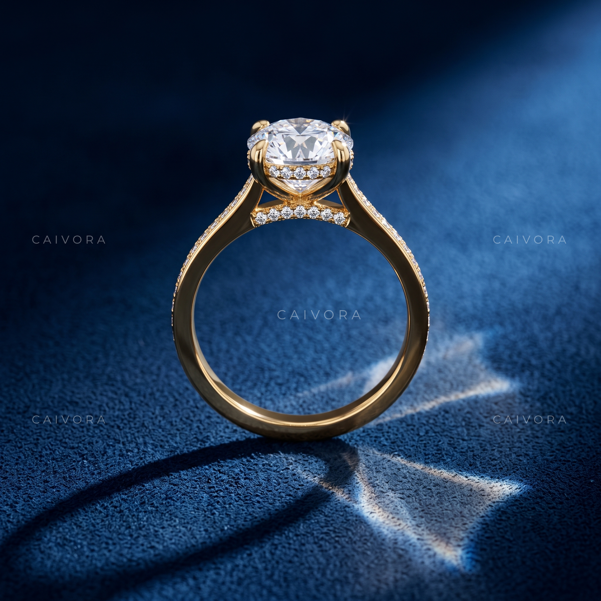 Round Diamond Architectural Engagement Ring with Pavé Accents