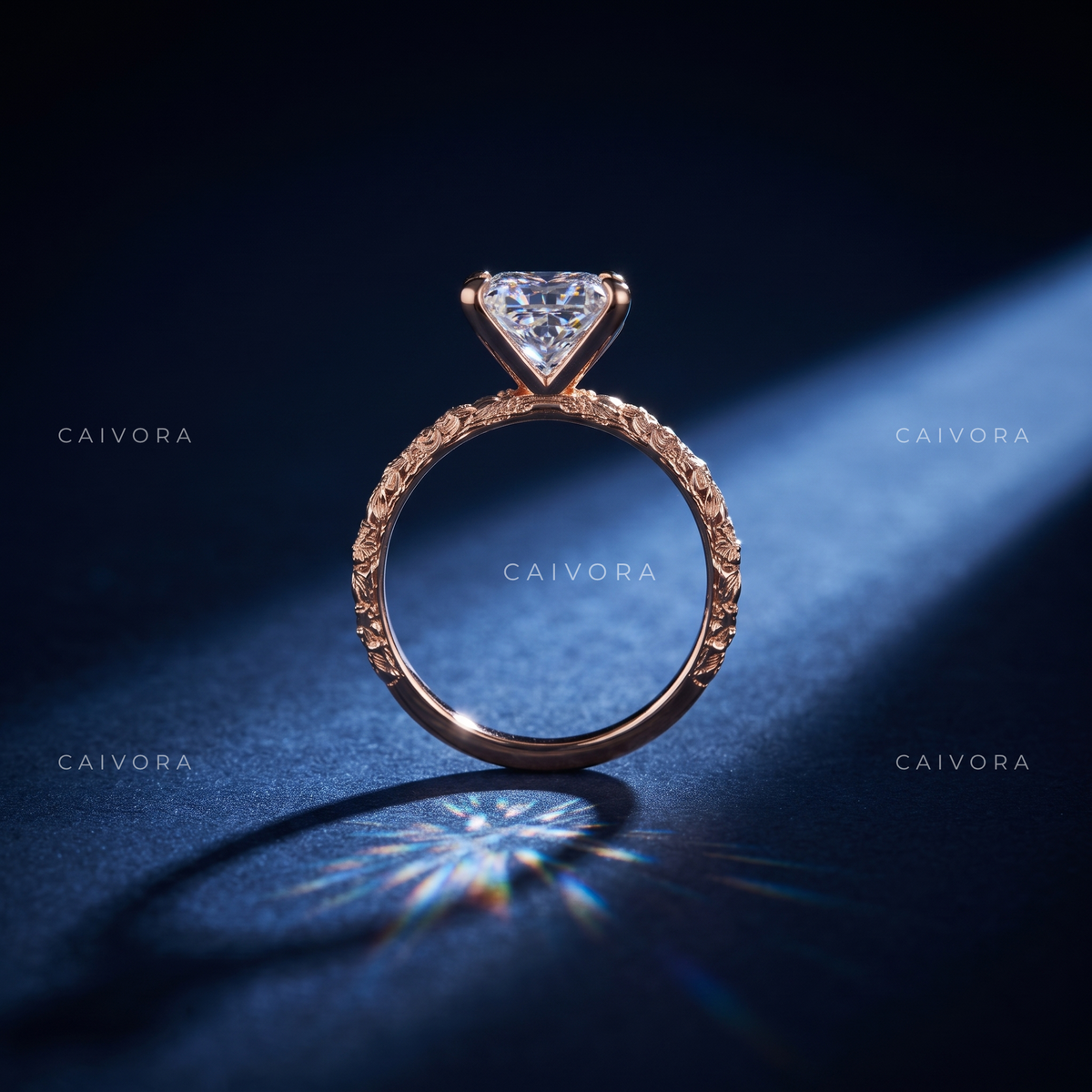 Princess Cut Floral Engraved Solitaire Engagement Ring