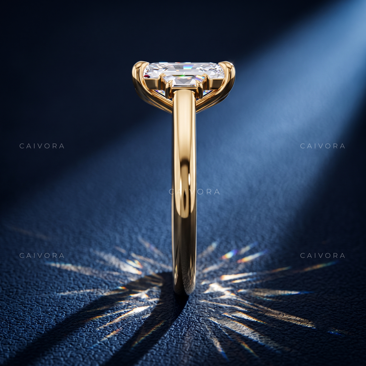 Refined Three Stone Engagement Ring with Radiant Diamond & Trapezoid Accents