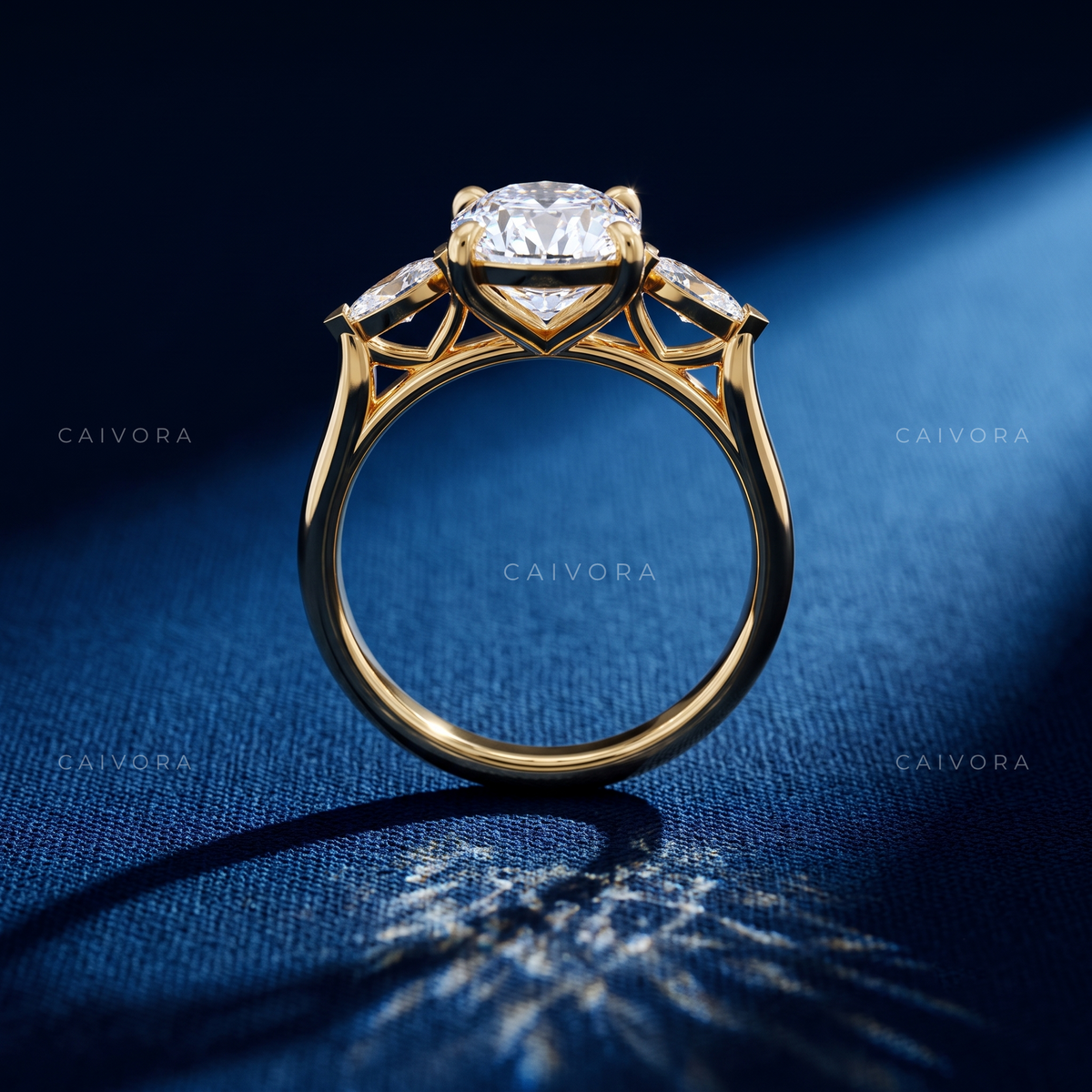 Classic Three Stone Engagement Ring with Oval Diamond & Kite Accents