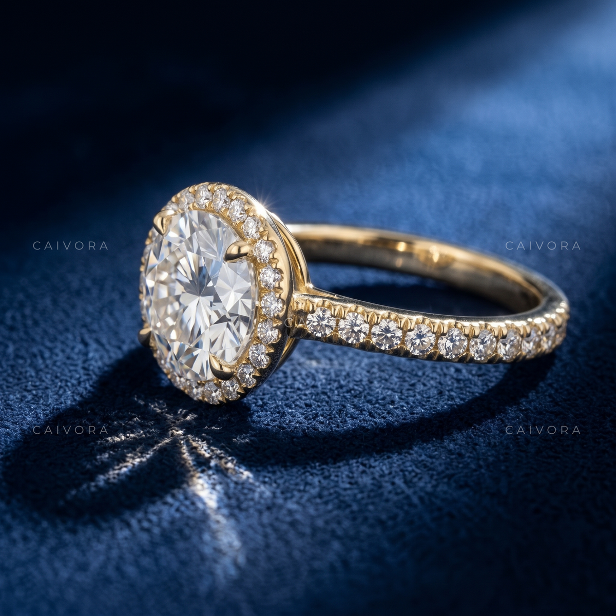 Classic Round Diamond Halo Engagement Ring with Pavé Accents