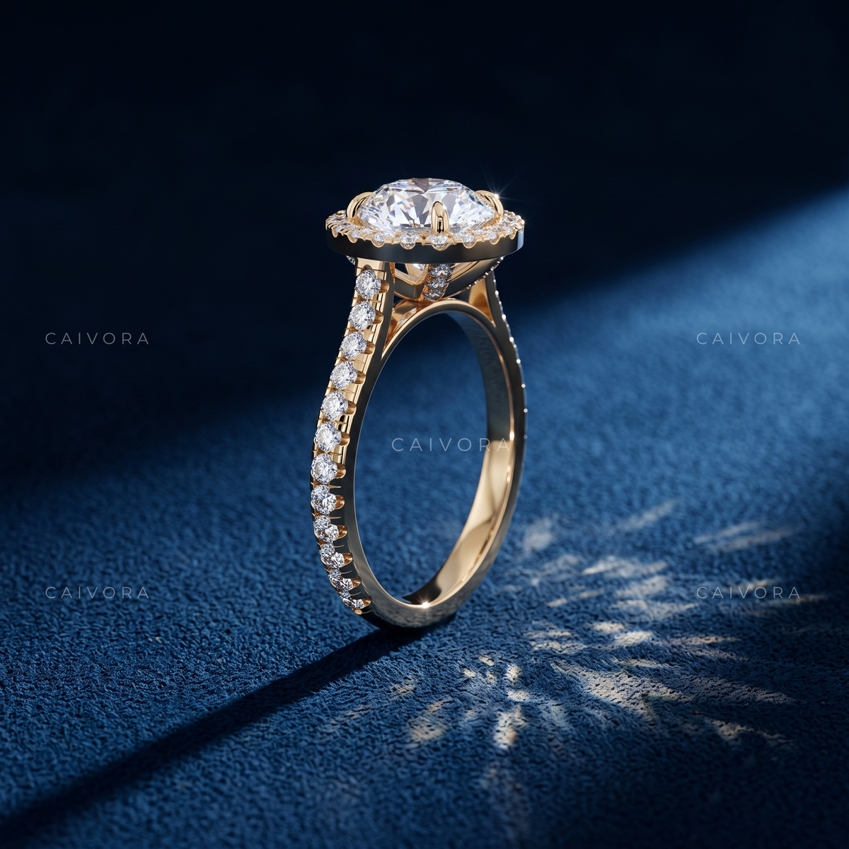 Classic Halo Engagement Ring with Round Diamond & Pavé Accents