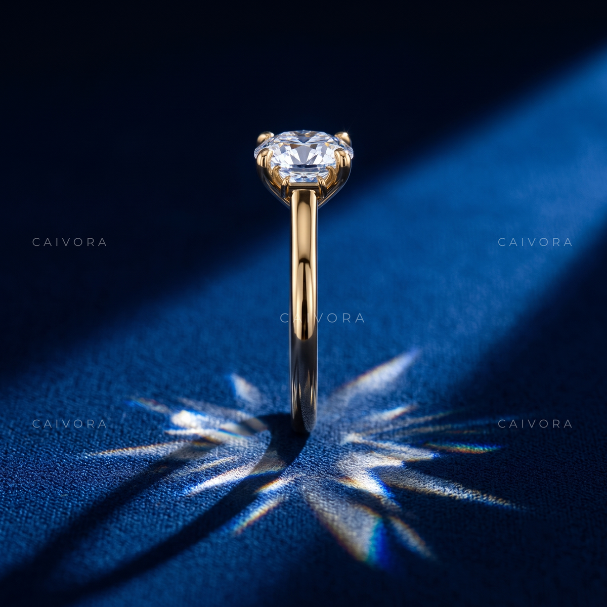 Classic Three Stone Engagement Ring with Round Diamond & Trapezoid Accents