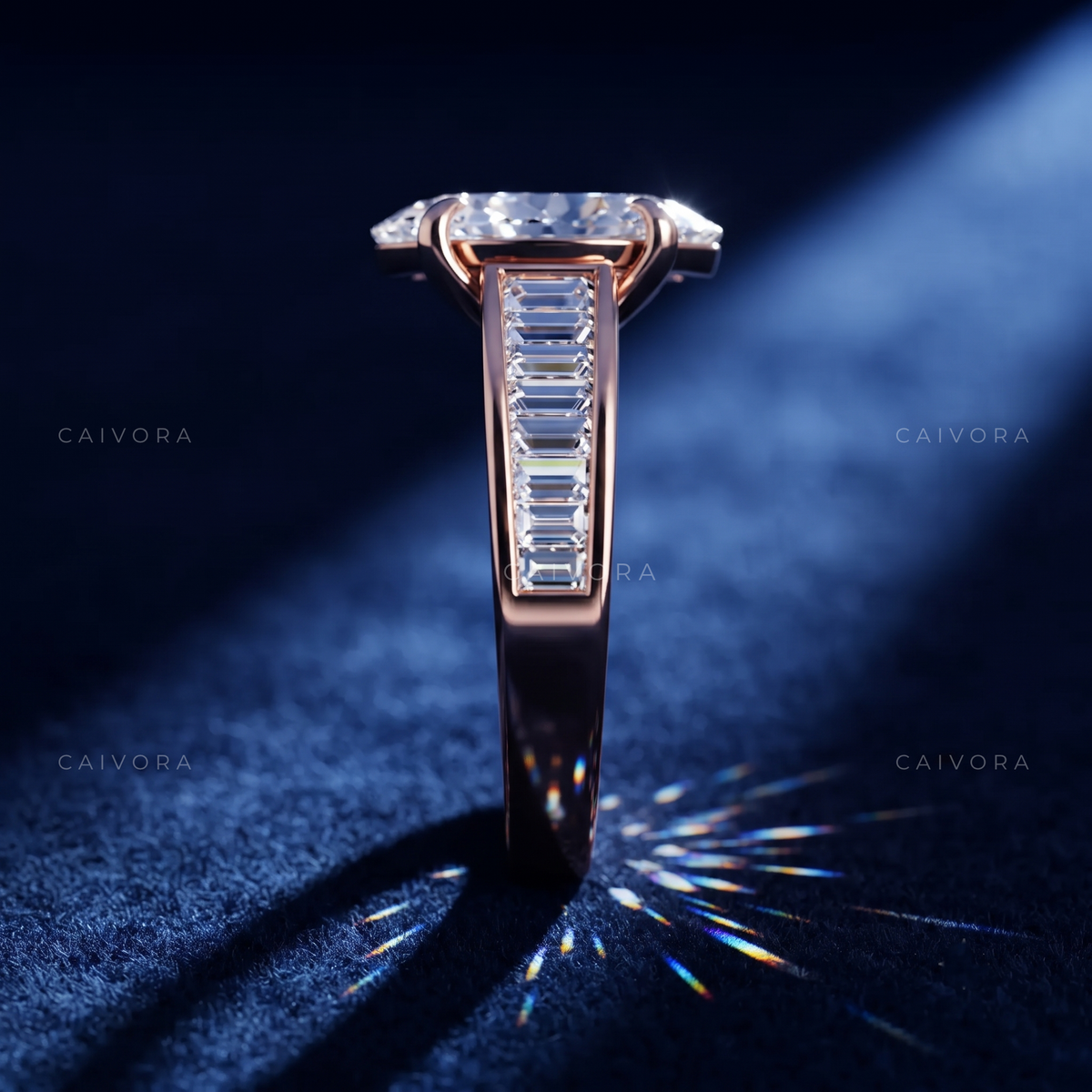 Moval Diamond Channel Setting Engagement Ring with Baguette Accents