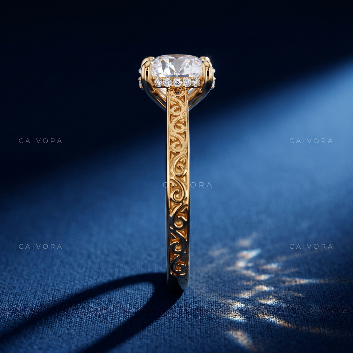 Round Diamond Architectural Engagement Ring with Pavé Accents