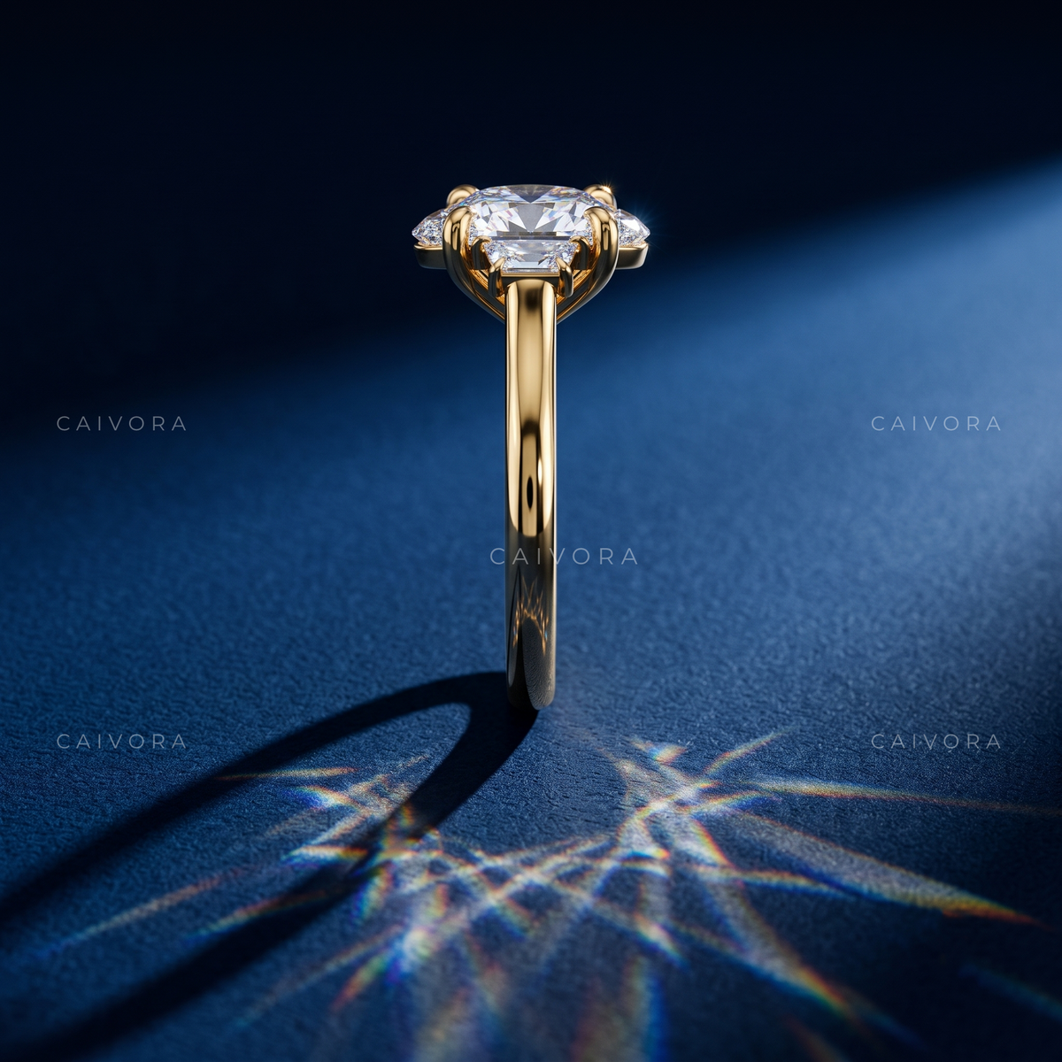 Oval Diamond Three Stone Engagement Ring with Trapezoid Accents