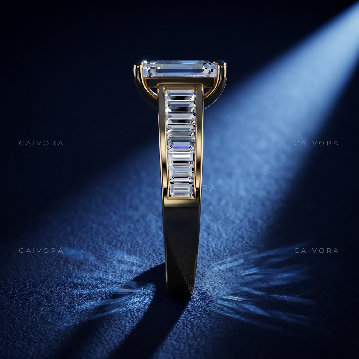 Emerald Cut Channel Setting Engagement Ring with Baguette Accents