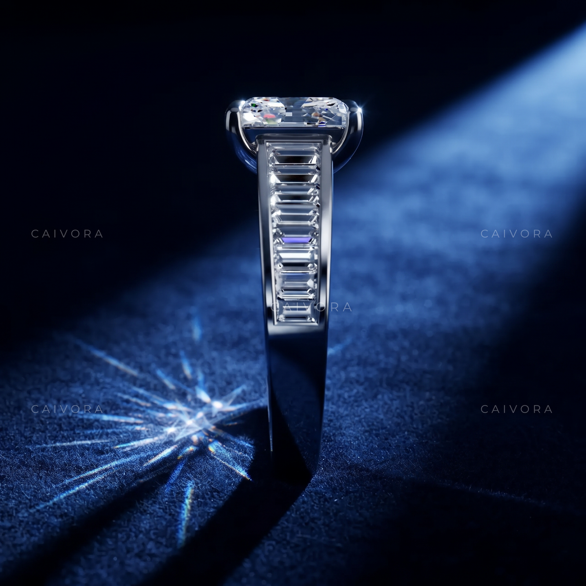 Cushion Cut Channel Setting Engagement Ring with Baguette Accents