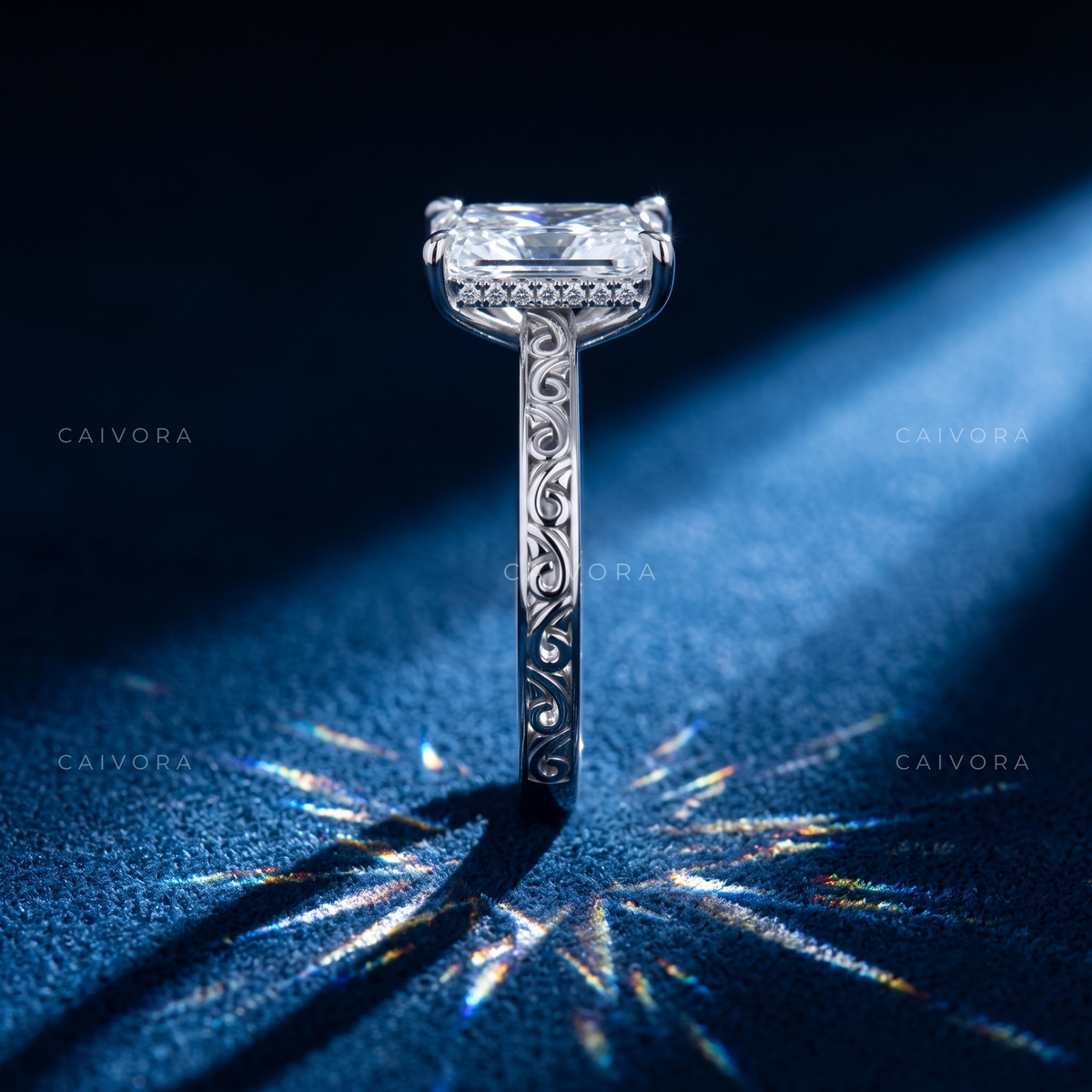 Radiant Cut Diamond Architectural Engagement Ring with Round Accents