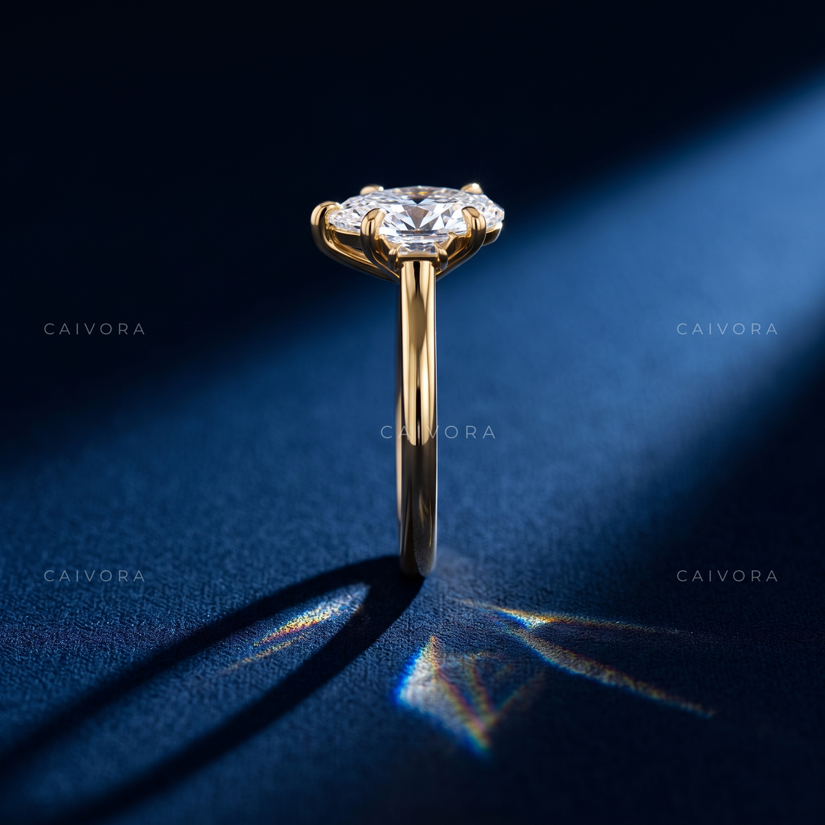 Elegant Three Stone Engagement Ring with Pear Diamond & Trapezoid Accents