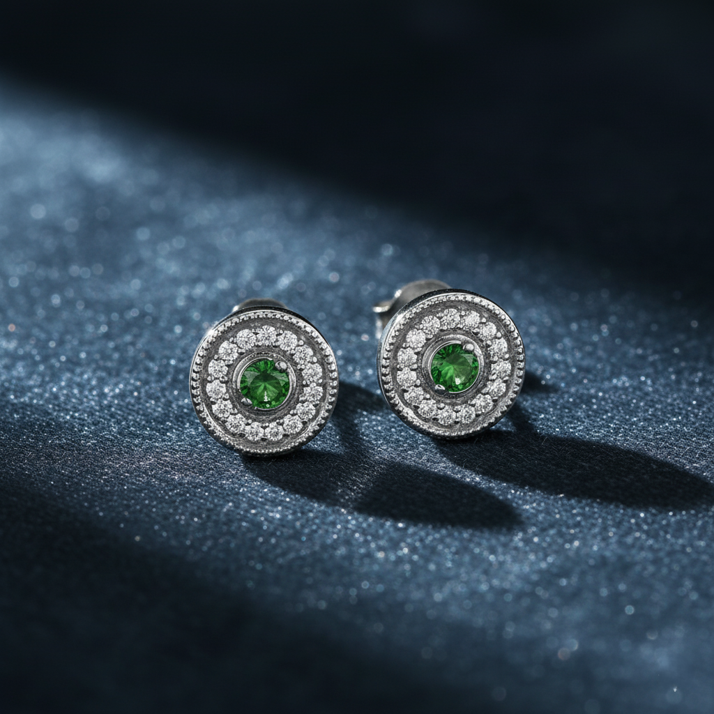 Luxurious Emerald and Diamond Halo Studs Earrings
