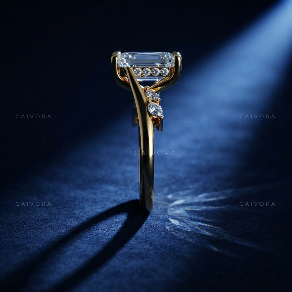 Emerald Cut Diamond Twist Ring with Hidden Halo