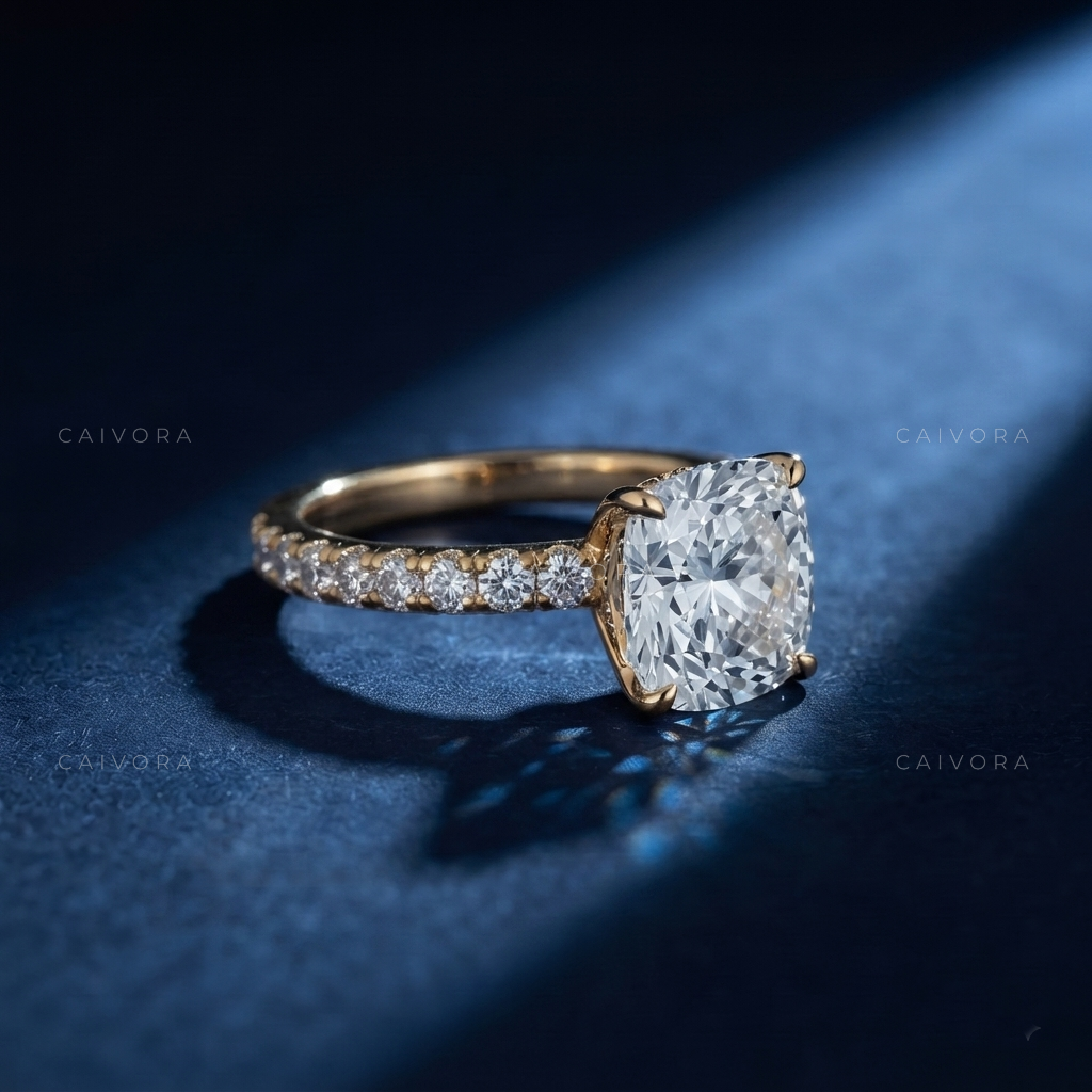 Vintage Cushion Pave Hidden Halo Engagement Ring