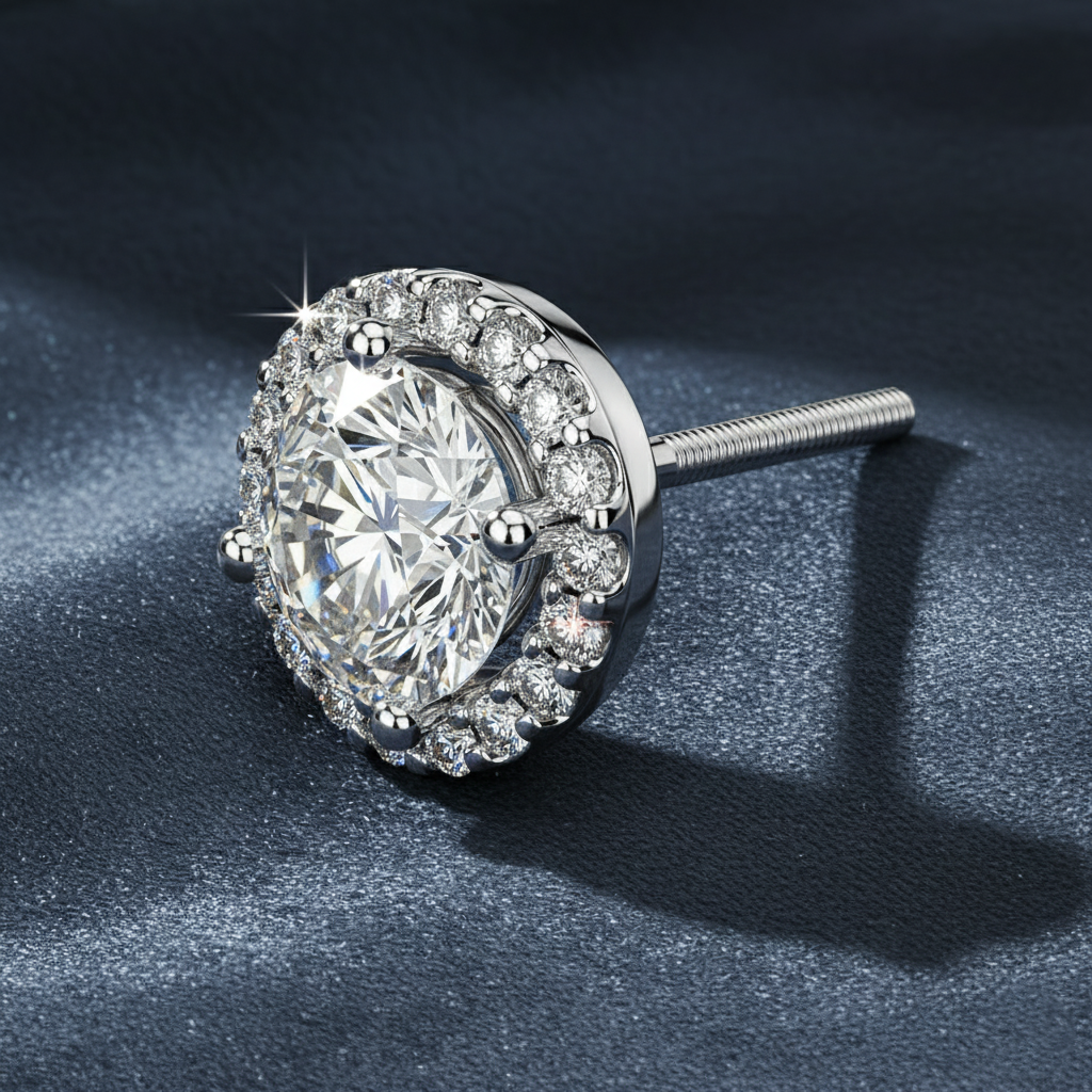 Sparkling White Gold Halo Accent Earring