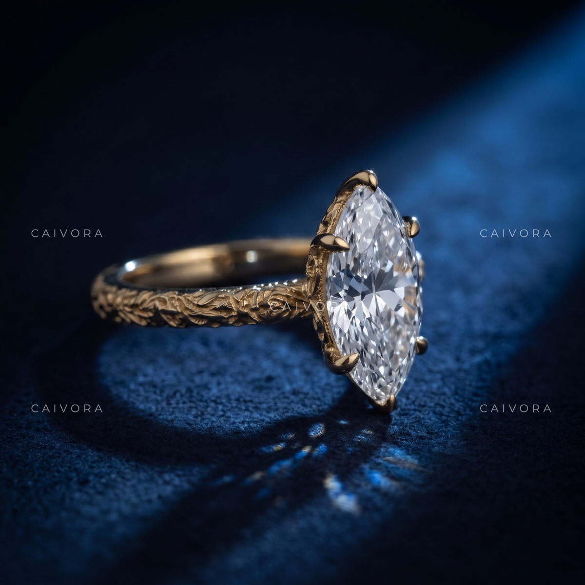 Marquise Cut Floral Engraved Solitaire Engagement Ring