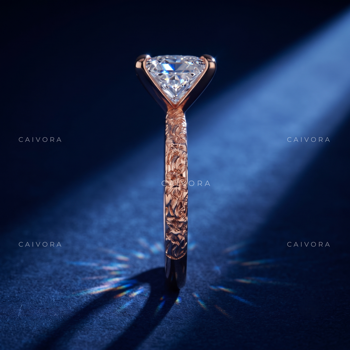Princess Cut Floral Engraved Solitaire Engagement Ring