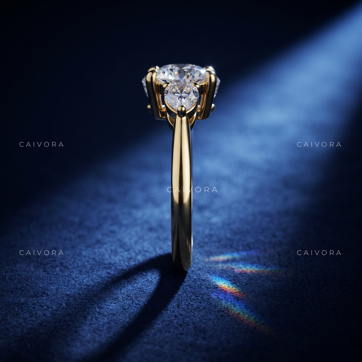Brilliant Round Cut Center in a Distinctive Three Stone Diamond Ring