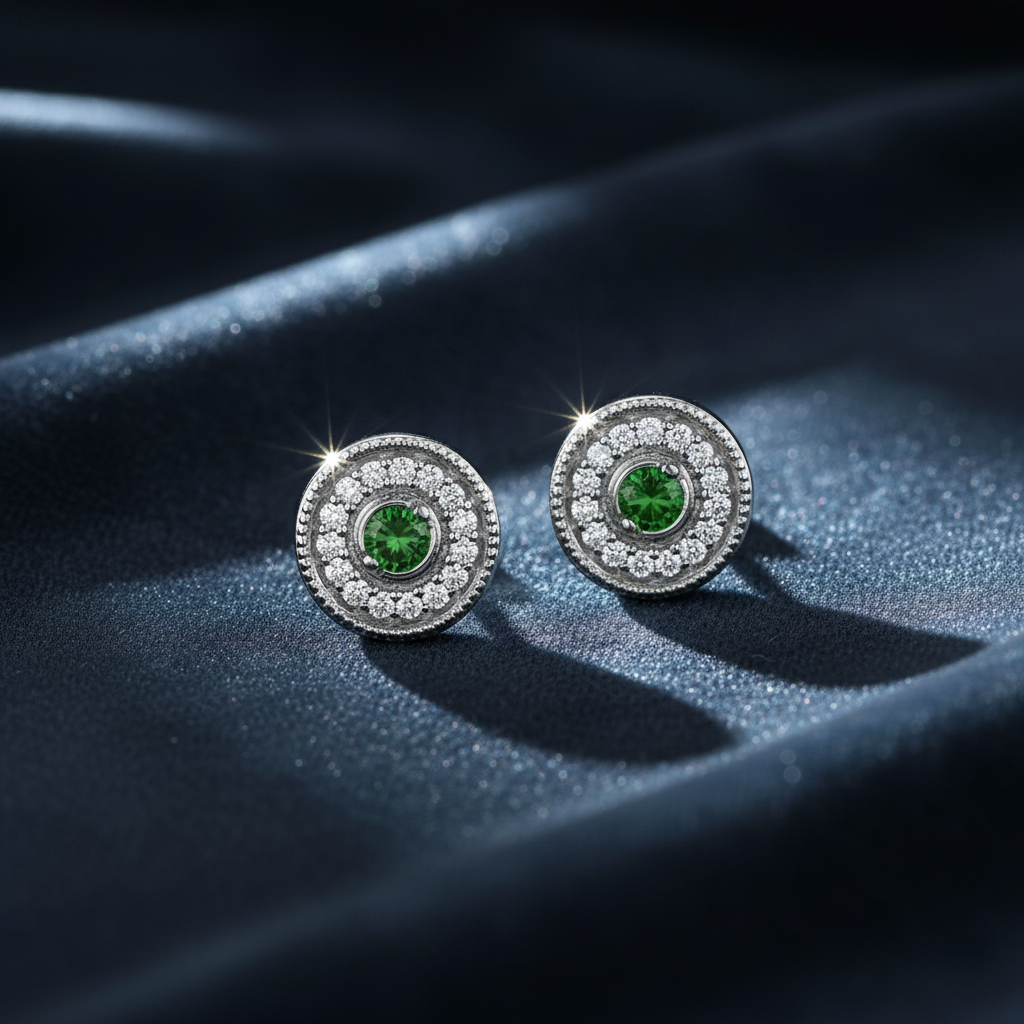 Luxurious Emerald and Diamond Halo Studs Earrings