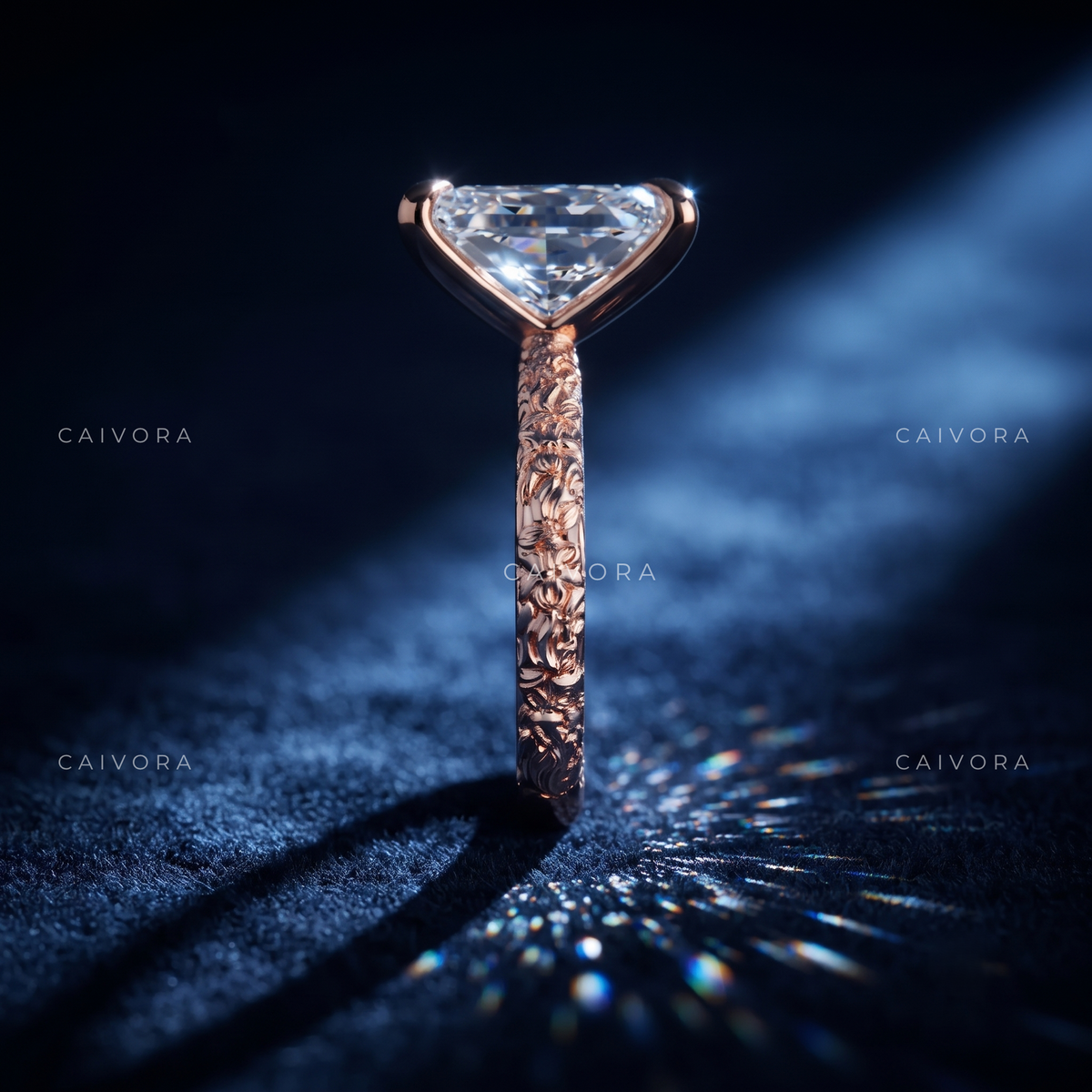 Radiant Cut Engraved Floral Solitaire Engagement Ring