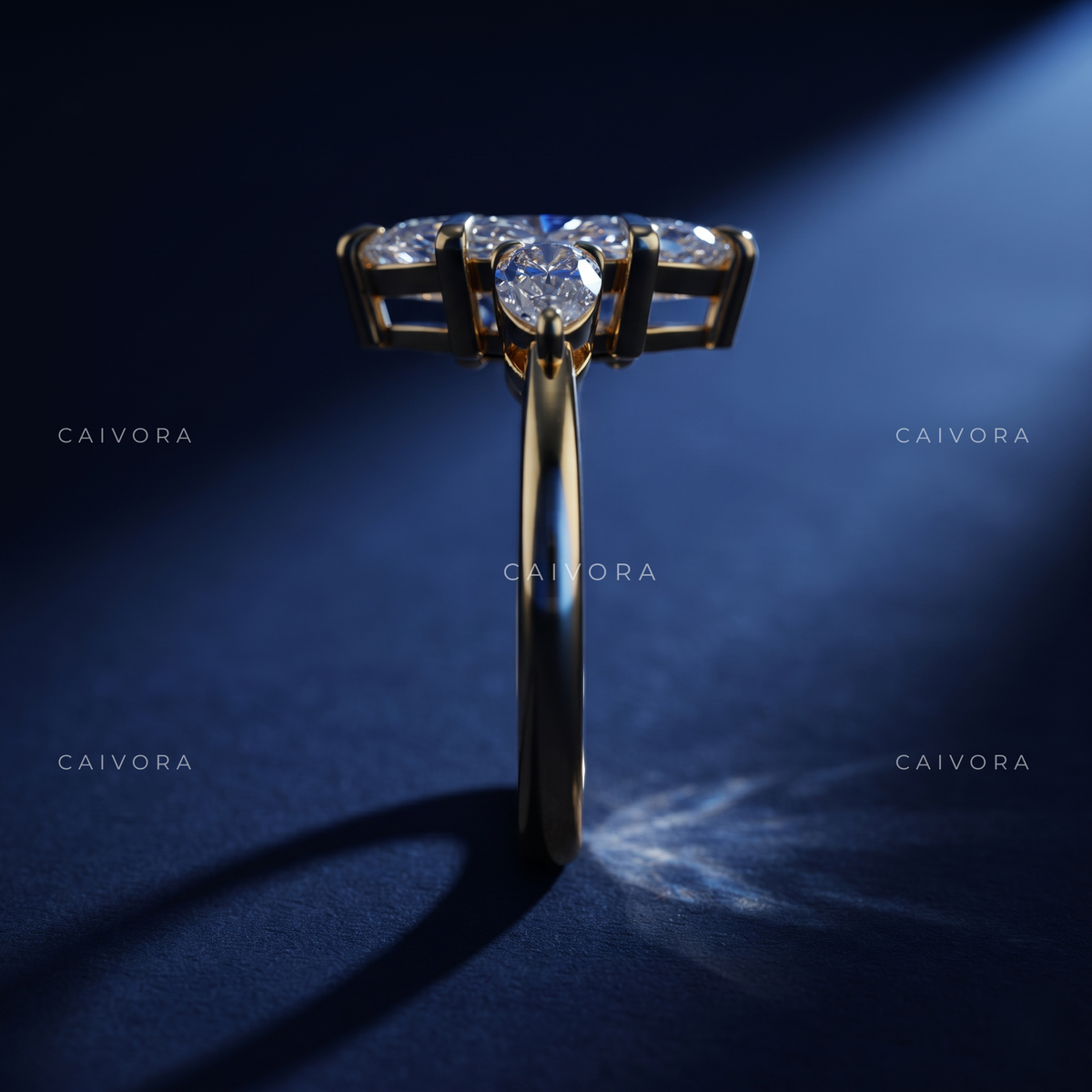 Elegant Three Stone Engagement Ring Centered on a dutch marquise Cut Diamond