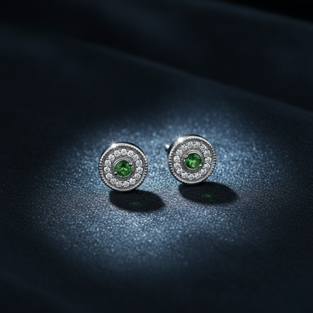 Luxurious Emerald and Diamond Halo Studs Earrings