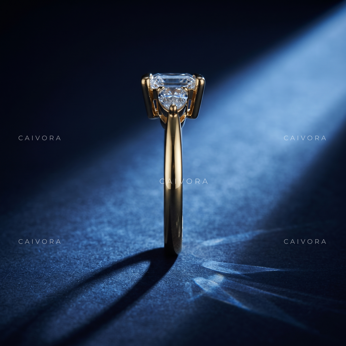 Geometric Three Stone Engagement Ring with an Asscher Cut Center Diamond